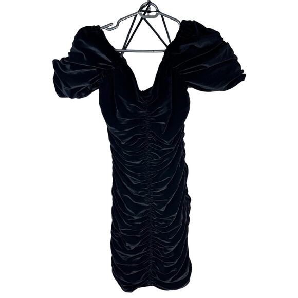 Anthro Hutch Velvet Mini Dress Puff-Sleeves Off-Shoulder Ruched Black Size 2 New - Picture 5 of 16